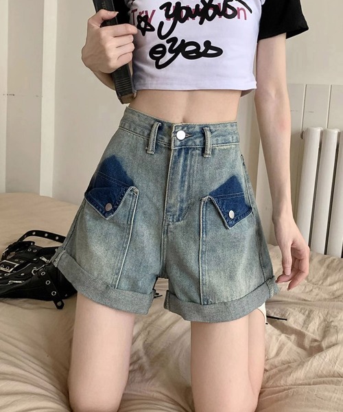 Miniministore(ミニミニストア)の「ロールアップ デニムショートパンツ 美脚(デニムパンツ・レディース・ブルーグレー・L/S/XL/M)」の1枚目の写真