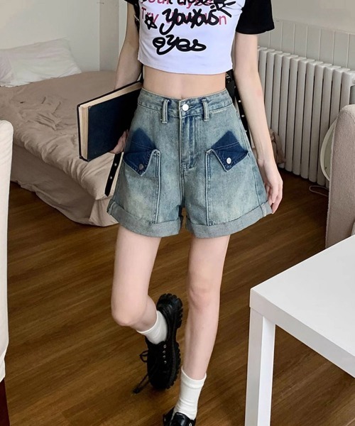 Miniministore(ミニミニストア)の「ロールアップ デニムショートパンツ 美脚(デニムパンツ・レディース・ブルーグレー・L/S/XL/M)」の5枚目の写真