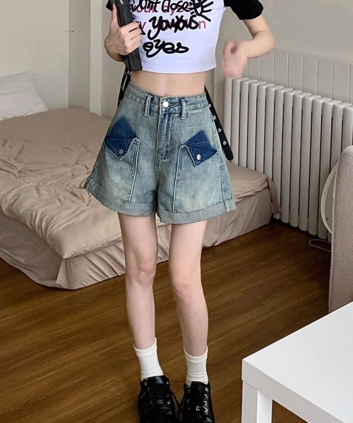 Miniministore(ミニミニストア)の「ロールアップ デニムショートパンツ 美脚(デニムパンツ・レディース・ブルーグレー・L/S/XL/M)」の7枚目の写真