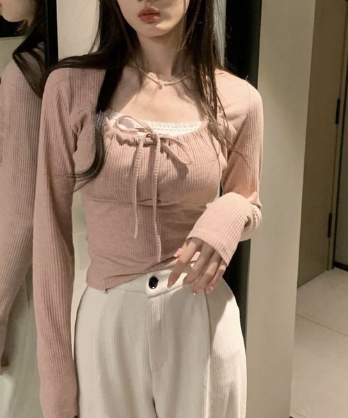 INASTUDIOS（イーナストゥディオス）の「フロントシャーリング スクエアネックトップス レディース（Tシャツ/カットソー・レディース・ベージュ/グレー/ピンク/アイボリー・MEDIUM/LARGE/SMALL）」の9枚目の写真