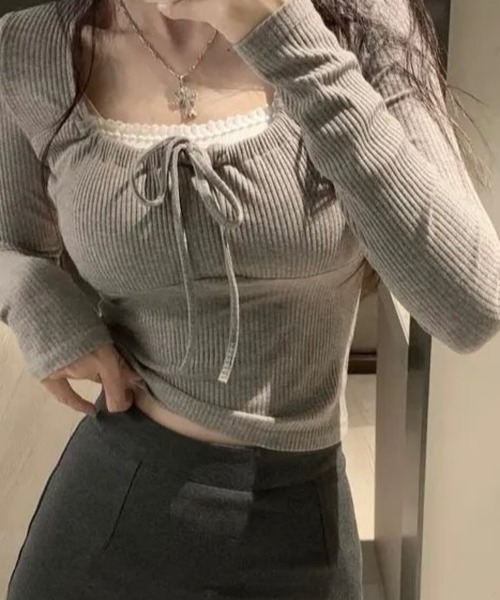 INASTUDIOS（イーナストゥディオス）の「フロントシャーリング スクエアネックトップス レディース（Tシャツ/カットソー・レディース・ベージュ/グレー/ピンク/アイボリー・MEDIUM/LARGE/SMALL）」の12枚目の写真