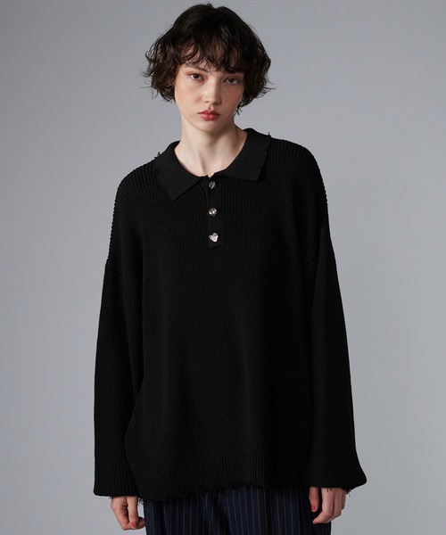 SILVER BUTTON DAMAGE KNIT POLO SHIRT / シルバーボタン