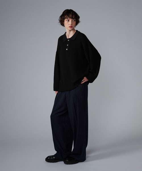【ONCILY】シルバーボタンダメージニットポロシャツ SILVER BUTTON SWEAT POLO SHIRT / シルバーボタンスウェット