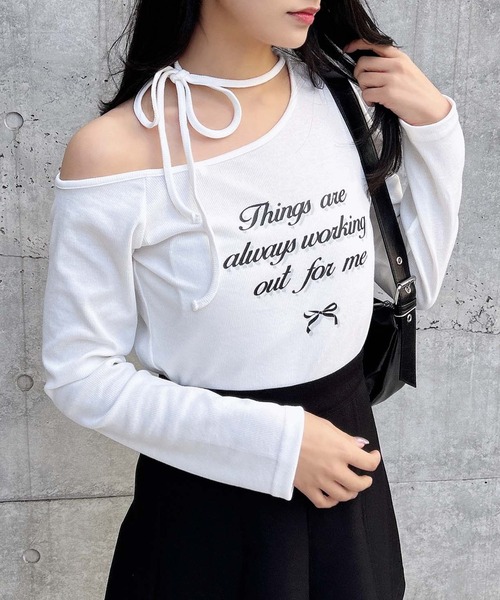 INGNI（イング）の「【WEB限定】リボンロゴテレコワンショルダー長袖ピタTシャツ（Tシャツ/カットソー・レディース・ブラック/チャコールグレー/杢グレー/オフホワイト・M）」の2枚目の写真