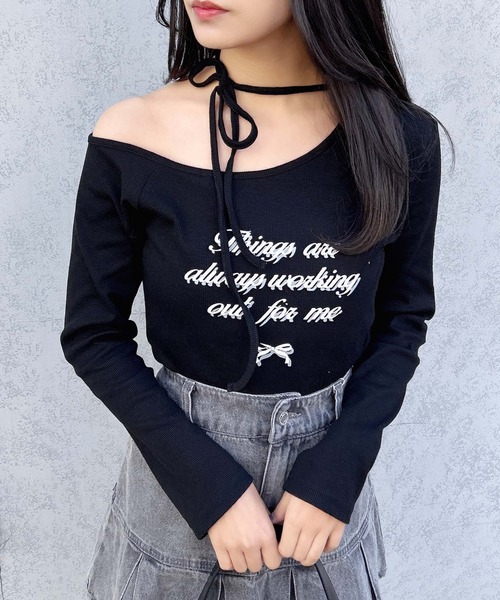 INGNI（イング）の「【WEB限定】リボンロゴテレコワンショルダー長袖ピタTシャツ（Tシャツ/カットソー・レディース・ブラック/チャコールグレー/杢グレー/オフホワイト・M）」の3枚目の写真