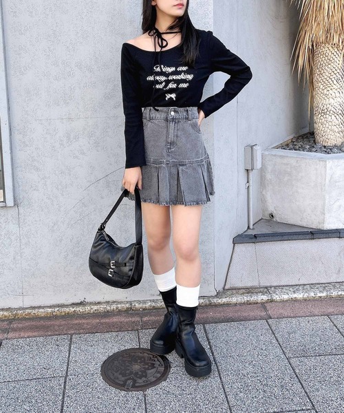 INGNI（イング）の「【WEB限定】リボンロゴテレコワンショルダー長袖ピタTシャツ（Tシャツ/カットソー・レディース・ブラック/チャコールグレー/杢グレー/オフホワイト・M）」の14枚目の写真