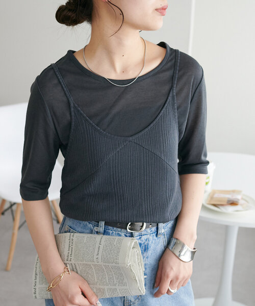 DISCOAT（ディスコート）の「【WEB限定】シアーリブキャミセット（アンサンブル・レディース・チャコールグレー/オフホワイト/アイボリー・MEDIUM）」の3枚目の写真
