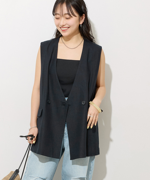 JOURNAL STANDARD relume(ジャーナルスタンダード レリューム)の「リネンレーヨンノーカラージレ(ベスト・レディース・ベージュ/ネイビー・FREE)」の2枚目の写真