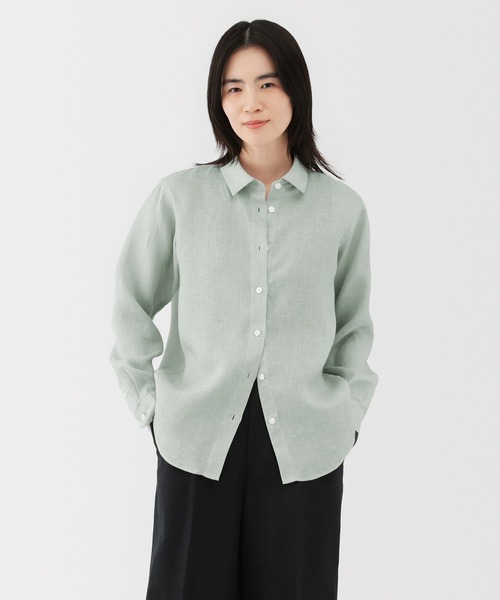 無印良品（ムジルシリョウヒン）の「婦人　リネン　洗いざらしレギュラーカラー長袖シャツ（シャツ/ブラウス・レディース・ブルー系/グリーン系/オレンジ系/ホワイト/ホワイト系/ライトピンク/ブラック・XL/L/M/S）」の4枚目の写真