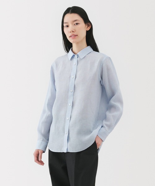 無印良品（ムジルシリョウヒン）の「婦人　リネン　洗いざらしレギュラーカラー長袖シャツ（シャツ/ブラウス・レディース・ブルー系/グリーン系/オレンジ系/ホワイト/ホワイト系/ライトピンク/ブラック・XL/L/M/S）」の5枚目の写真