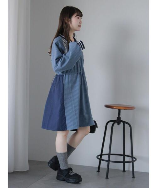 ehka sopo（エヘカソポ）の「ブロッキングワンピース（ワンピース・レディース・グレー/オフホワイト/サックスブルー・F）」の12枚目の写真