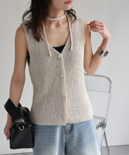 リボンタイ付きVネックニットベスト /ノースリサマーニット（タンク