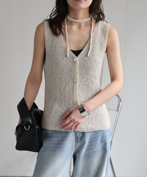 リボンタイ付きVネックニットベスト /ノースリサマーニット（タンク