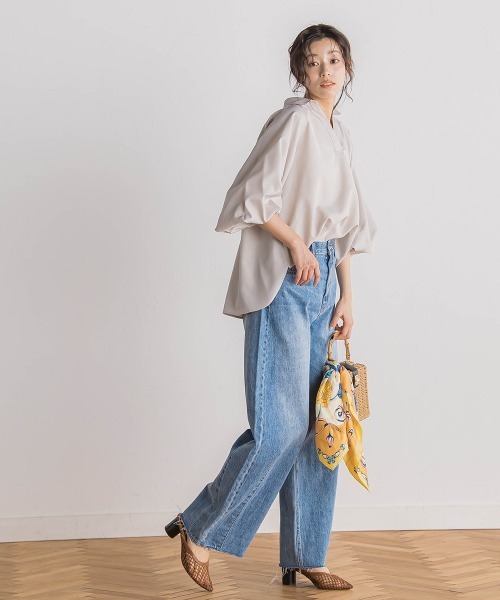 【美品】Droite lautreamont 袖ボリュームコットンブラウス 袖刺繍レーススキッパー7分袖ブラウス≪手洗い可能≫ | Droite