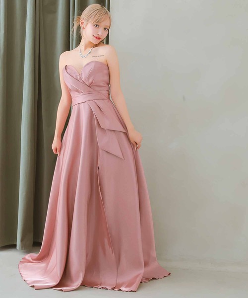Tika（ティカ）の「[CLOSED] キャバドレス ロング フレア ハートカット ベアトップ サテンスリット Aラインバースデードレス（ドレス・レディース・ピンク/ホワイト・LARGE/MEDIUM/SMALL/X-LARGE）」の3枚目の写真
