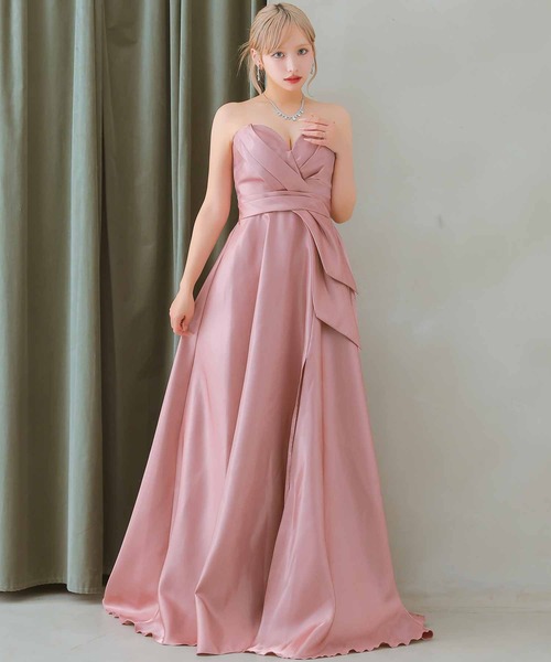 Tika（ティカ）の「[CLOSED] キャバドレス ロング フレア ハートカット ベアトップ サテンスリット Aラインバースデードレス（ドレス・レディース・ピンク/ホワイト・LARGE/MEDIUM/SMALL/X-LARGE）」の7枚目の写真