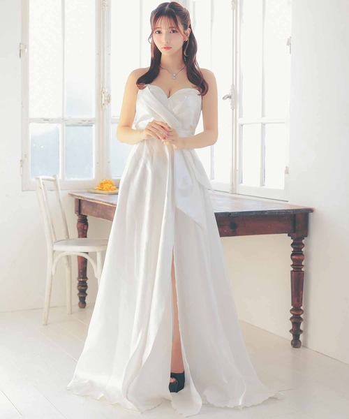Tika（ティカ）の「[CLOSED] キャバドレス ロング フレア ハートカット ベアトップ サテンスリット Aラインバースデードレス（ドレス・レディース・ピンク/ホワイト・LARGE/MEDIUM/SMALL/X-LARGE）」の14枚目の写真