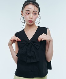 【リボン取り外し可能】ビッグリボンノースリーブブラウス《動画あり》
