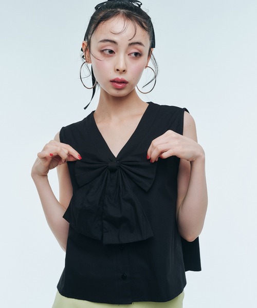 セール】【リボン取り外し可能】ビッグリボンノースリーブ