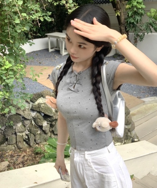 【日本製】ドットリボン半袖カットソー【アンプリ】 セール】ドットリボントップス（Tシャツ/カットソー