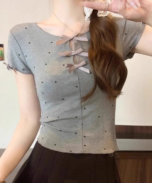 ホワイト 半袖 トップス ドットリボン セール】ドットリボントップス（Tシャツ/カットソー