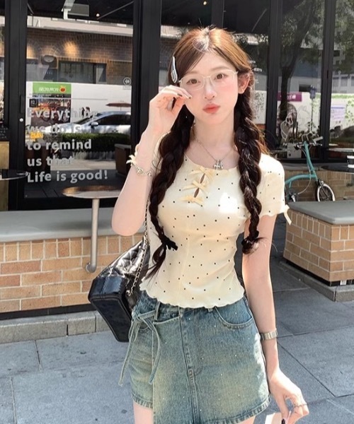 ホワイト 半袖 トップス ドットリボン セール】ドットリボントップス（Tシャツ/カットソー