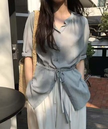 バンドカラーウエストリボンシアーシャツ
