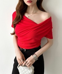 OBLIパワーショルダー半袖カットソー　レッド パワーショルダーボーダーカットソー | TOPS | OBLI