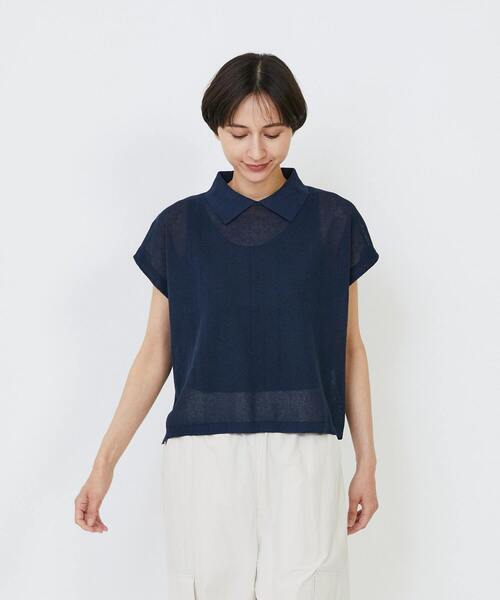 LOISIR（ロワズィール）の「エステルコットンリネンダブルジャカード編みニットポロ（ニット/セーター・レディース・オフホワイト/ネイビー/レッド・FREE）」の2枚目の写真