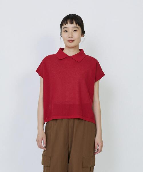 LOISIR（ロワズィール）の「エステルコットンリネンダブルジャカード編みニットポロ（ニット/セーター・レディース・オフホワイト/ネイビー/レッド・FREE）」の3枚目の写真