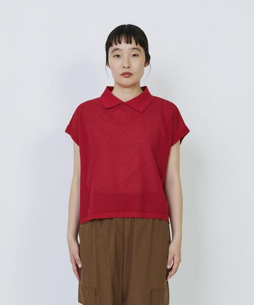 LOISIR（ロワズィール）の「エステルコットンリネンダブルジャカード編みニットポロ（ニット/セーター・レディース・オフホワイト/ネイビー/レッド・FREE）」の16枚目の写真