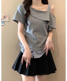 レイヤード風チェック切り替えワンショルトップス