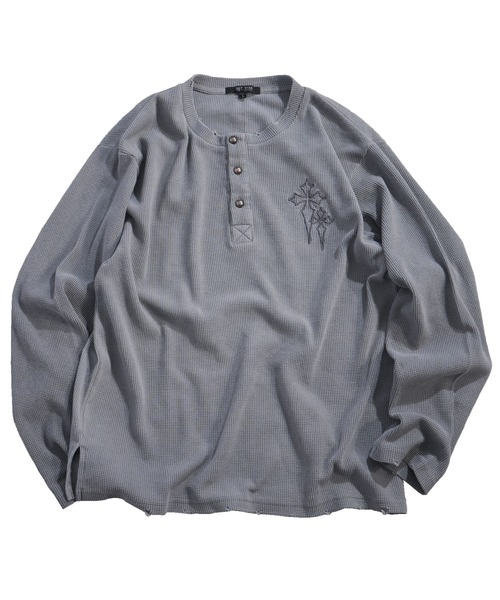 セール】ヴィンテージライク クロス刺繍 ワッフル/サーマル ダメージ