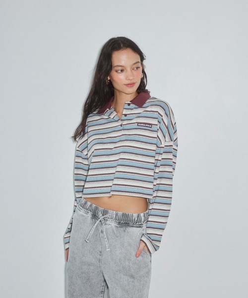 ALEXIA STAM（アリシアスタン）の「Stripe Polo Shirt /コンパクト丈ストライプポロシャツ（ポロシャツ・レディース・ブルー/バーガンディー/ブラウン・FREE）」の2枚目の写真