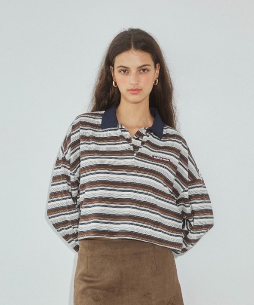 ALEXIA STAM（アリシアスタン）の「Stripe Polo Shirt /コンパクト丈ストライプポロシャツ（ポロシャツ・レディース・ブルー/バーガンディー/ブラウン・FREE）」の19枚目の写真