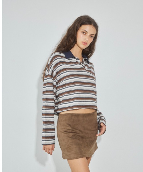 ALEXIA STAM（アリシアスタン）の「Stripe Polo Shirt /コンパクト丈ストライプポロシャツ（ポロシャツ・レディース・ブルー/バーガンディー/ブラウン・FREE）」の12枚目の写真