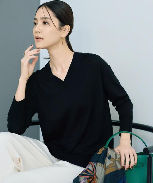 セール】【洗える/薄手/ウール100%】Vネックロングウールニット