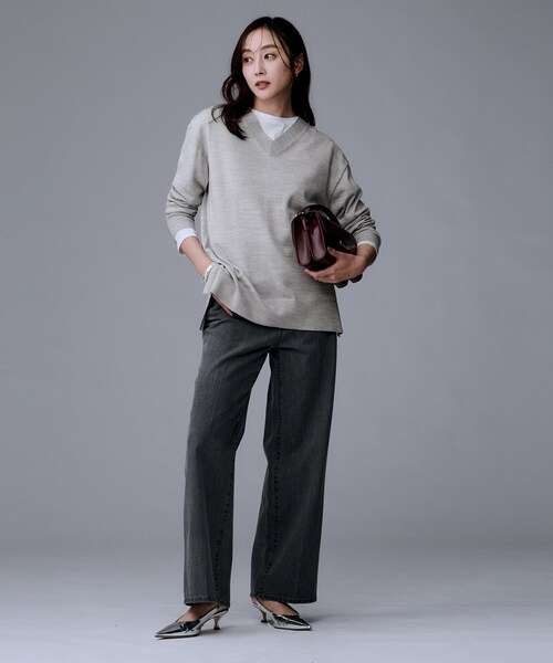 セール】【洗える/薄手/ウール100%】Vネックロングウールニット