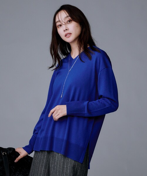 セール】【洗える/薄手/ウール100%】Vネックロングウールニット