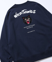 限定展開 WILD THINGS×FREAK'S STORE/ワイルドシングス 別注 ビッグシルエット キャットモチーフ 刺繍ワッペン クルーネックスウェット