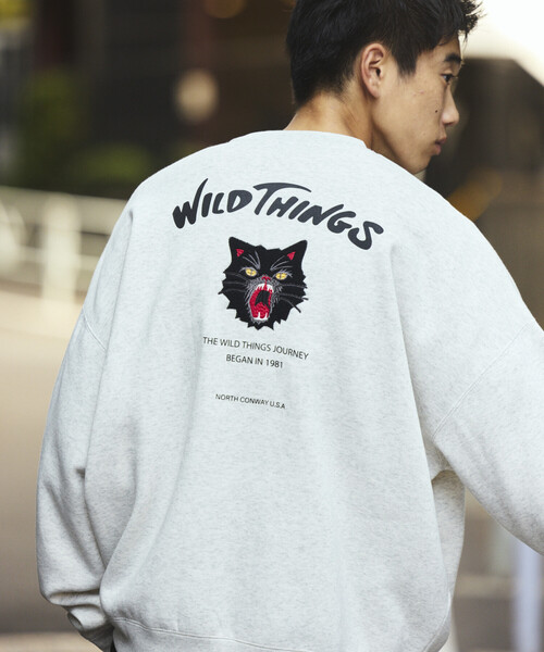 WILD THINGS(ワイルドシングス)の「限定展開 WILD THINGS×FREAK'S STORE/ワイルドシングス 別注 ビッグシルエット キャットモチーフ 刺繍ワッペン クルーネックスウェット(スウェット・メンズ・アッシュグレー/グリーン/ネイビー/スミクロ・SMALL/MEDIUM/LARGE)」の2枚目の写真