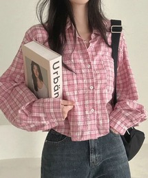 Katie ピンク チェック 半袖シャツ ブラウス anyonemore ブラウス シャツ サイドギャザーチェック柄半袖