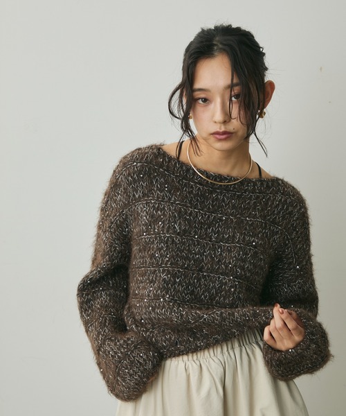 Lunea（ルネア）の「ミックスヤーンスパンコールニット（ニット/セーター・レディース・アイボリー/ブラウン・FREE）」の7枚目の写真