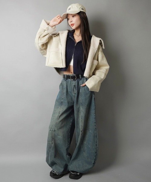 SPINNS（スピンズ）の「スタイル盛れ確定☆ショートムートンブルゾン/5色展開（ムートンコート・レディース・ベージュ/アイボリー/ブラック/ブラウン/チャコール・ONESIZE）」の14枚目の写真