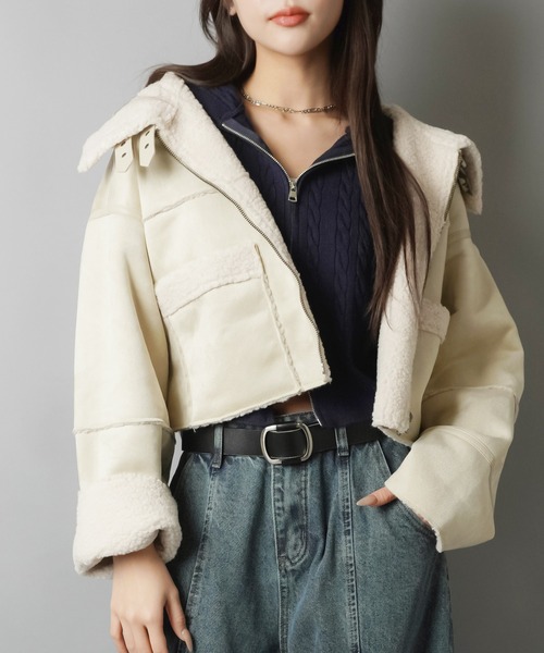 SPINNS（スピンズ）の「スタイル盛れ確定☆ショートムートンブルゾン/5色展開（ムートンコート・レディース・ベージュ/アイボリー/ブラック/ブラウン/チャコール・ONESIZE）」の20枚目の写真