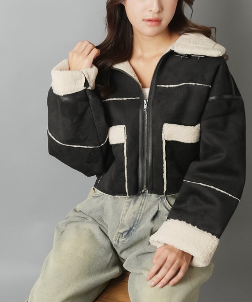 SPINNS（スピンズ）の「スタイル盛れ確定☆ショートムートンブルゾン/5色展開（ムートンコート・レディース・ベージュ/アイボリー/ブラック/ブラウン/チャコール・ONESIZE）」の9枚目の写真