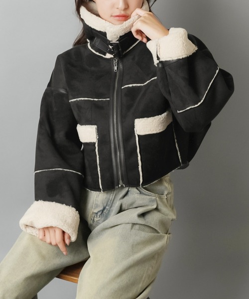 SPINNS（スピンズ）の「スタイル盛れ確定☆ショートムートンブルゾン/5色展開（ムートンコート・レディース・ベージュ/アイボリー/ブラック/ブラウン/チャコール・ONESIZE）」の8枚目の写真