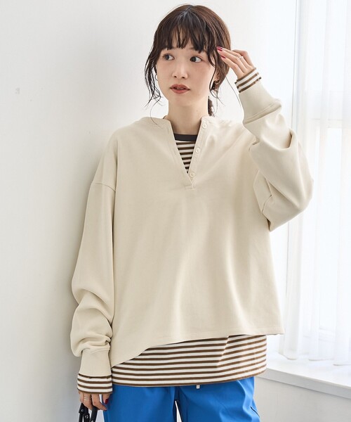 coen（コーエン）の「【セットアイテム】2wayヘンリーネック裏毛プルオーバー ボーダーロンTセット（Tシャツ/カットソー・レディース・オフホワイト/ナチュラル/ブラック/マスタード・M/L）」の5枚目の写真