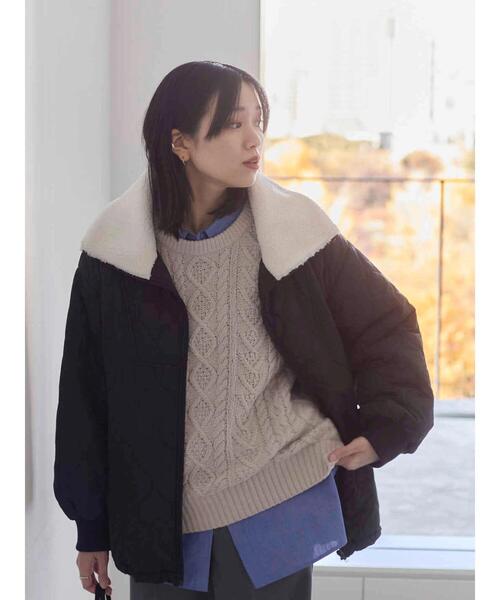 Samansa Mos2 blue（サマンサモスモスブルー）の「衿ボアキルトジャケット（ノーカラージャケット・レディース・ライトベージュ/カーキ/ブラック・F）」の7枚目の写真