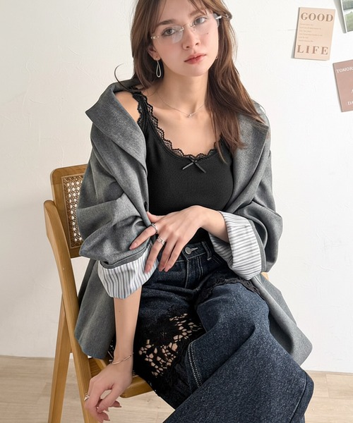 mily bilet(ミウィビレット)の「【mily bilet】これ1枚で、インナー悩みから解放!ガーリー派さん必見の バイカラーテレコ レースタンクトップ(カップ付)(タンクトップ・レディース・ベージュ/ブラック/アイボリー/チャコールグレー・LARGE/MEDIUM/SMALL/X-LARGE)」の18枚目の写真